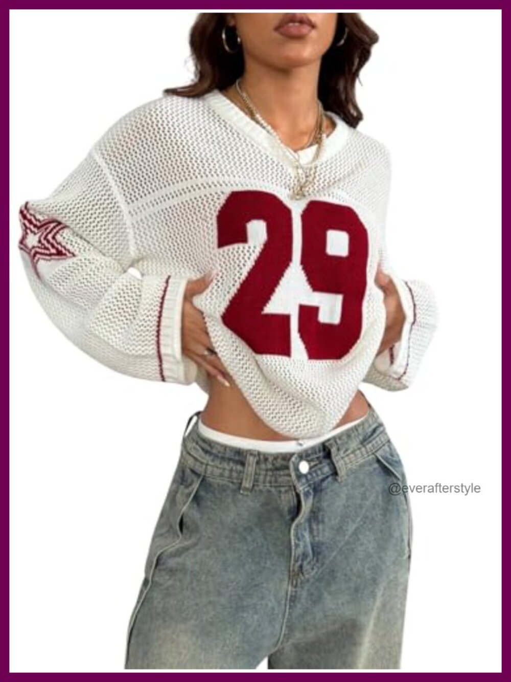 Oversized Crochet Knit Pullover V-Neck Long Sleeve Letter Print Top